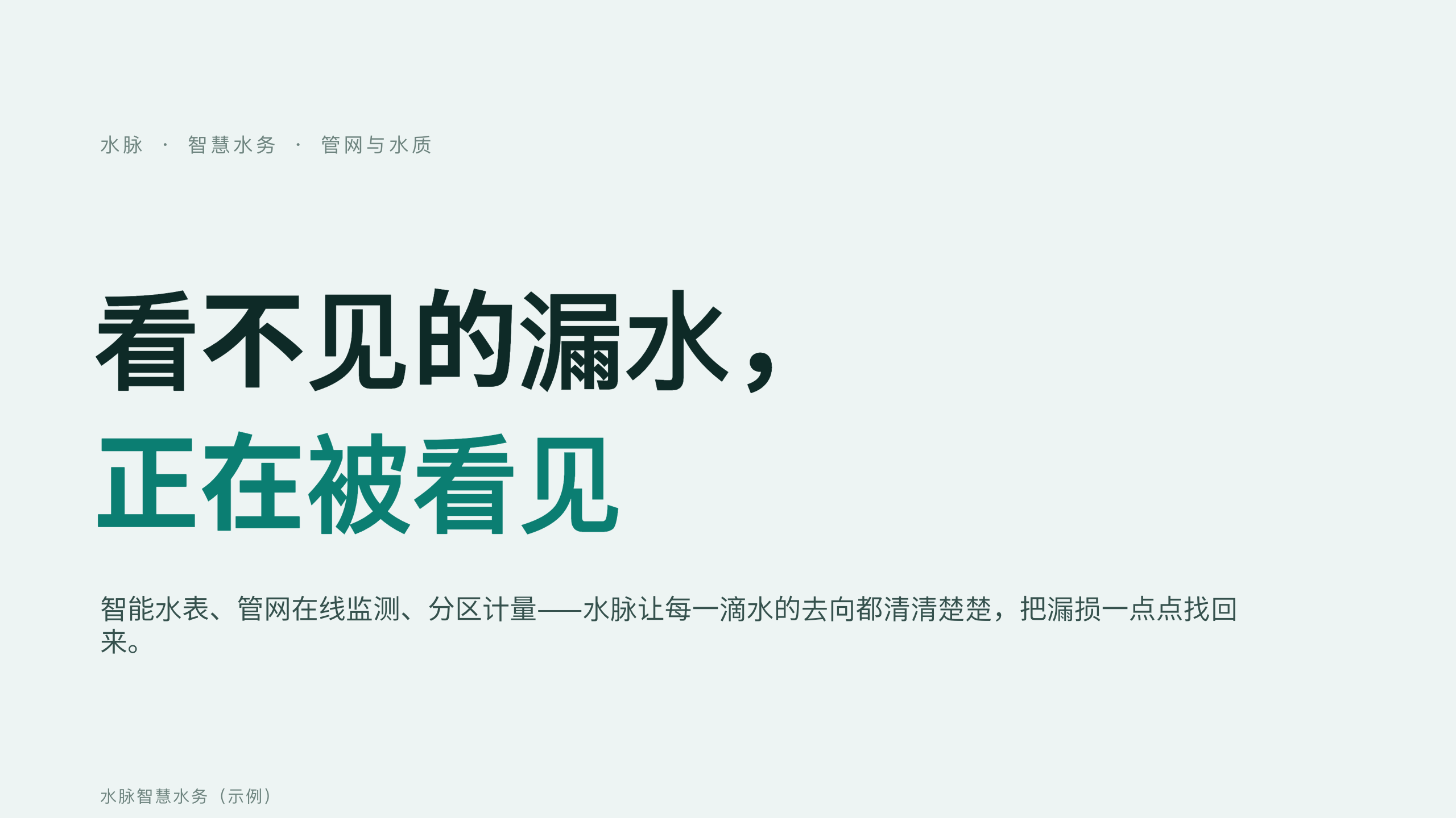 智慧水务「水脉」（智能水表 + 管网在线监测 + 分区计量）。 设计系统：clear-teal（冷调薄雾白 · 唯一深青绿＝水/洁净）。profile：strategy-leadership。 结构原型＝② 数读 data-led：以漏损/现代化数据为主线，**避开默认骨架** 第 1 页