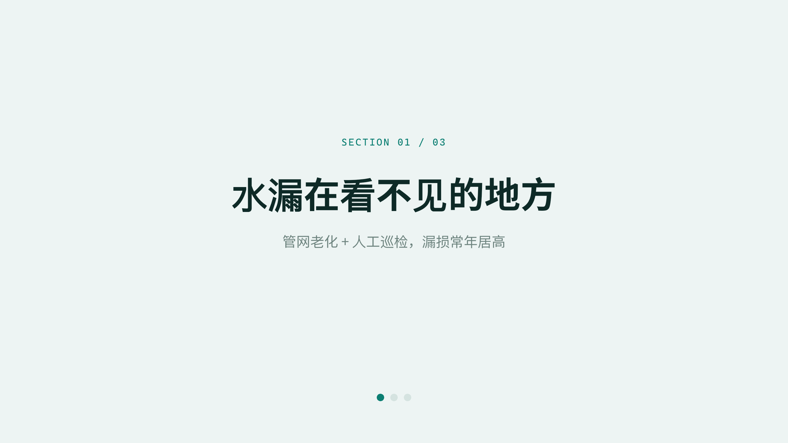 智慧水务「水脉」（智能水表 + 管网在线监测 + 分区计量）。 设计系统：clear-teal（冷调薄雾白 · 唯一深青绿＝水/洁净）。profile：strategy-leadership。 结构原型＝② 数读 data-led：以漏损/现代化数据为主线，**避开默认骨架** 第 3 页